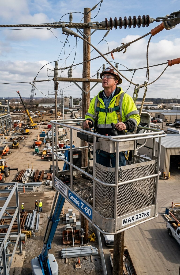 Aerial lift operator inside boom lift basket elevated near power lines (overhead power lines)