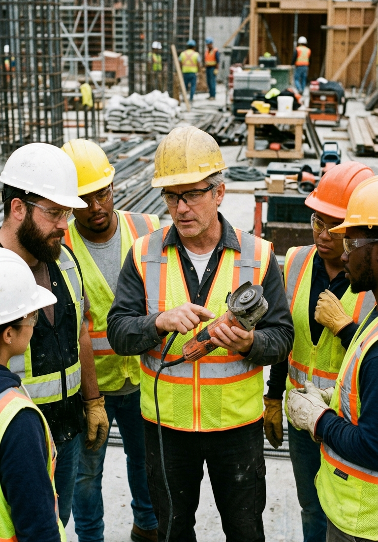 Construction safety supervisor demonstrating inspection (double insulated tools)