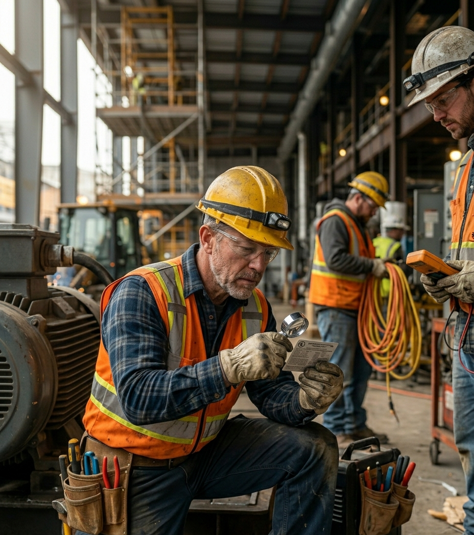 Construction supervisor inspecting electrical listing labels (listing and labeling)