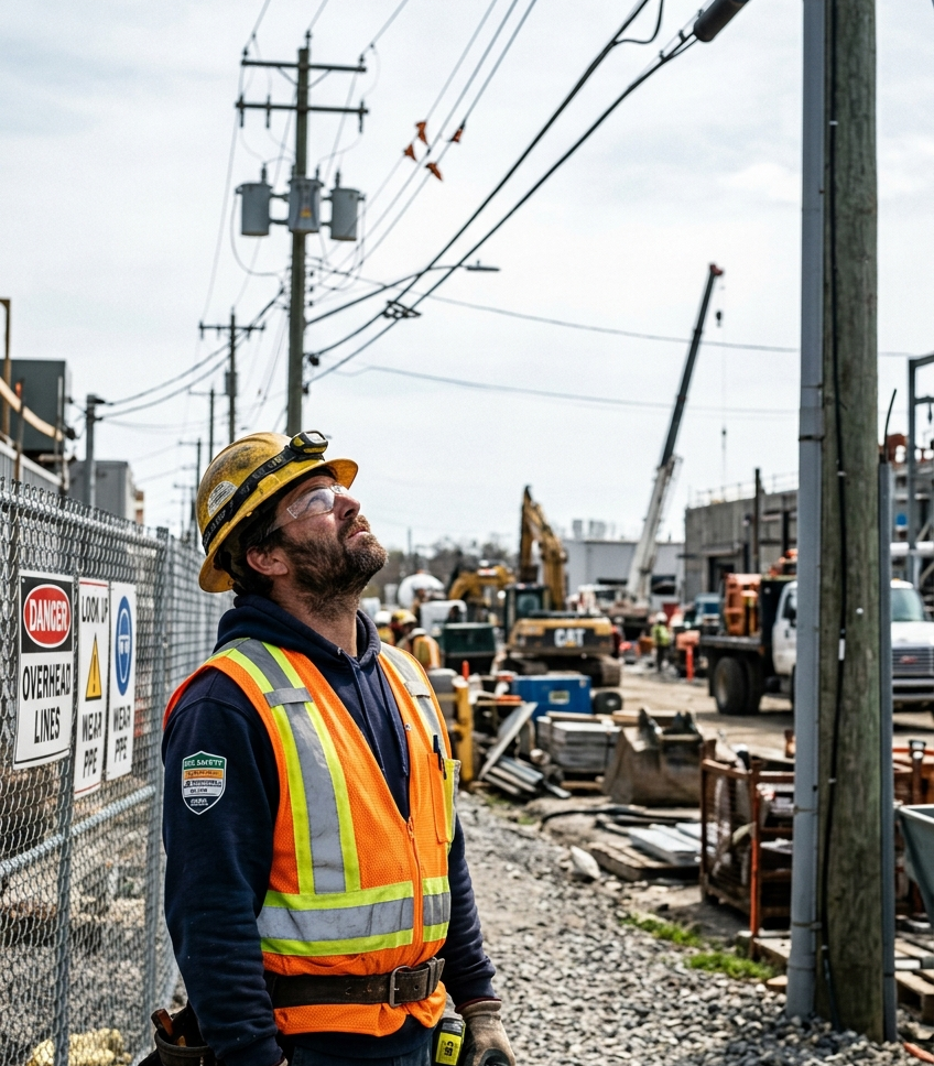 Construction worker in high-visibility vest standing near a job site ( overhead power lines)