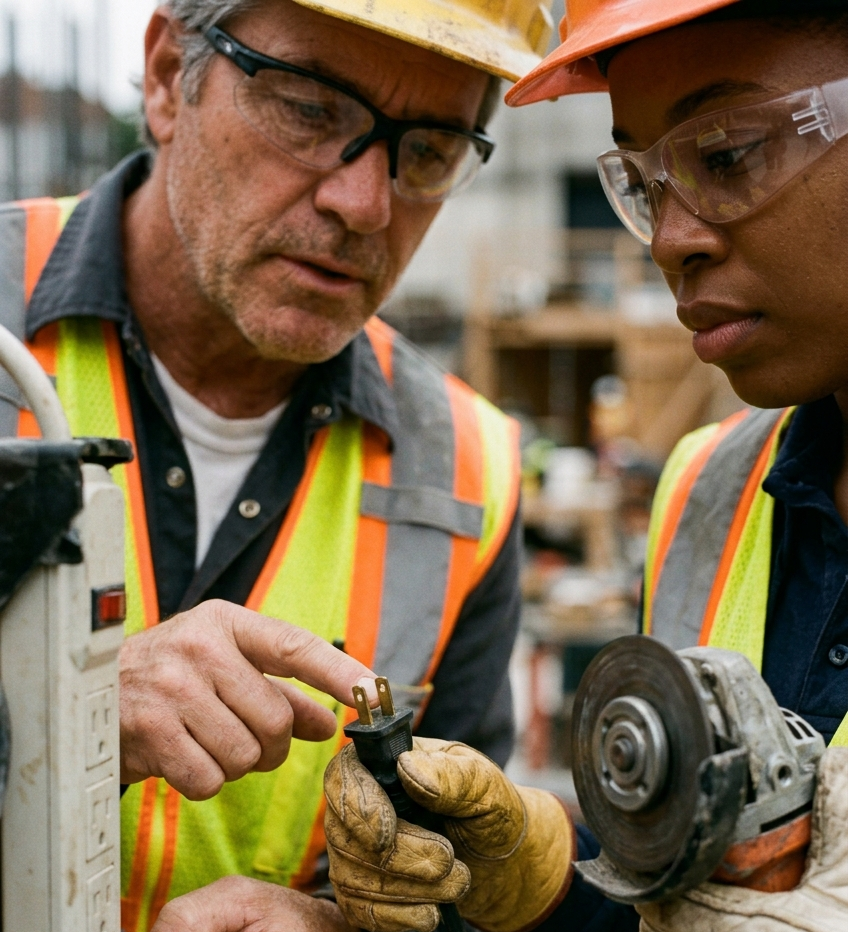 Construction worker plugging a two-prong insulated tool (double insulated tool)