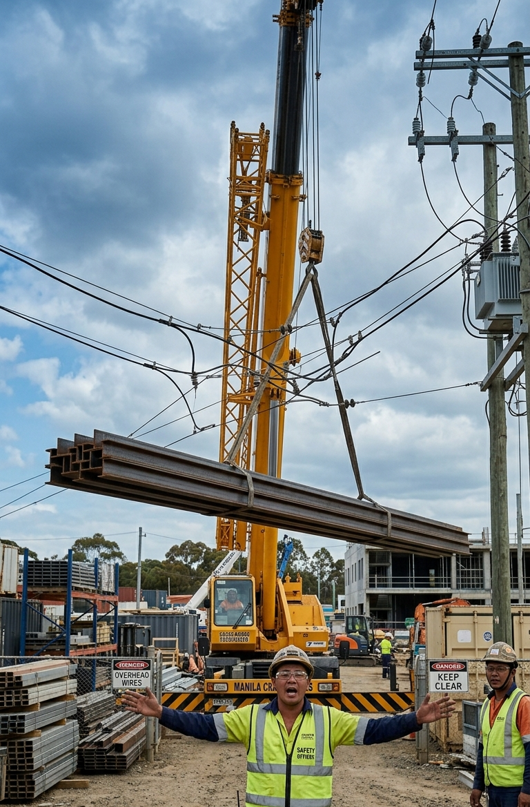 Crane lifting long suspended metal load near overhead electrical lines (overhead power lines)