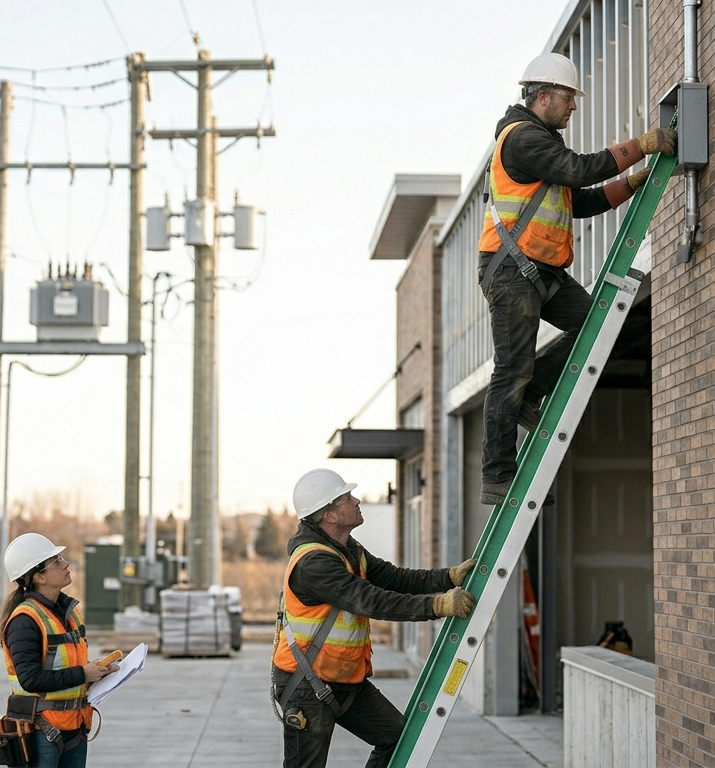 Electrician Using Fiberglass Ladder Near Power Lines