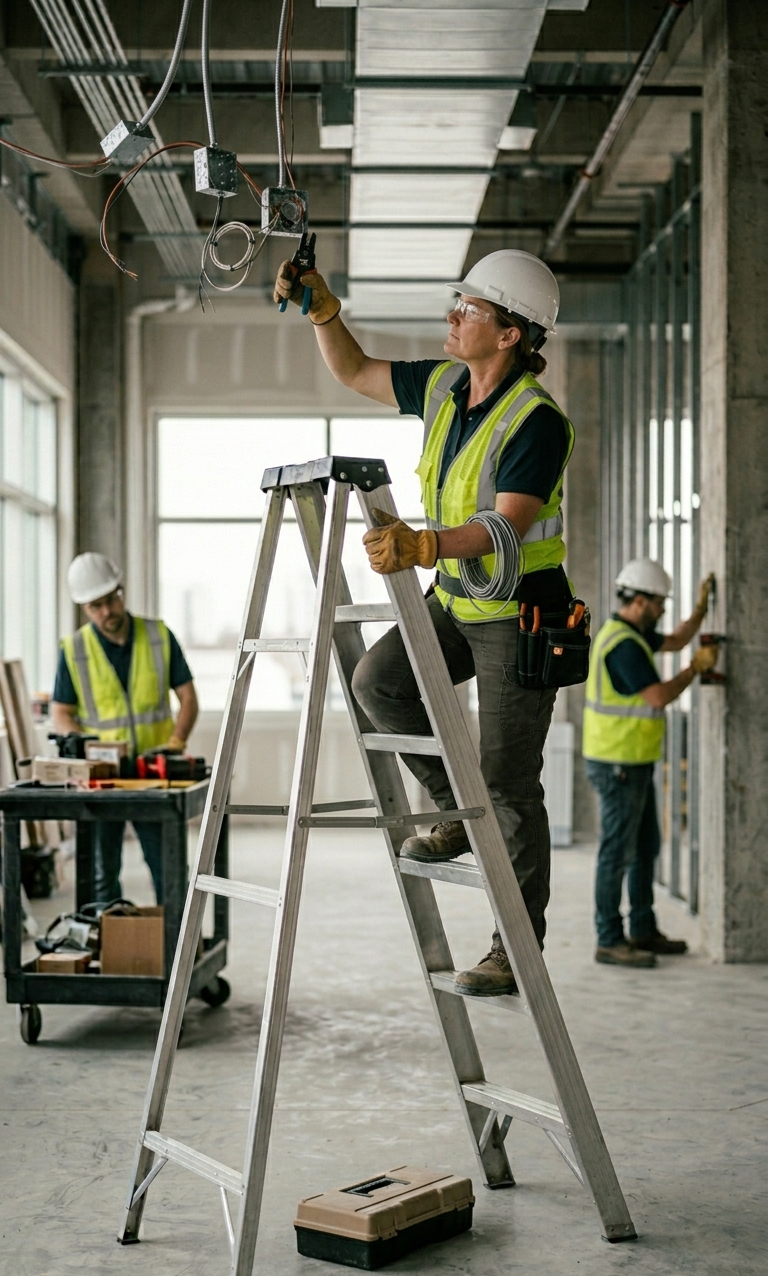 Electrician Using Fiberglass Step Ladder Safely