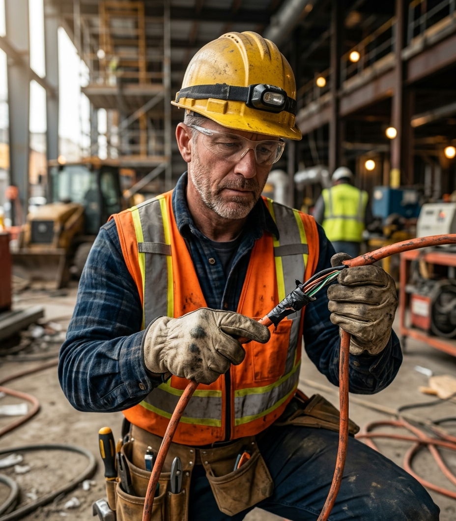 Electrician inspecting unsafe taped cord repair (tape cord repair)