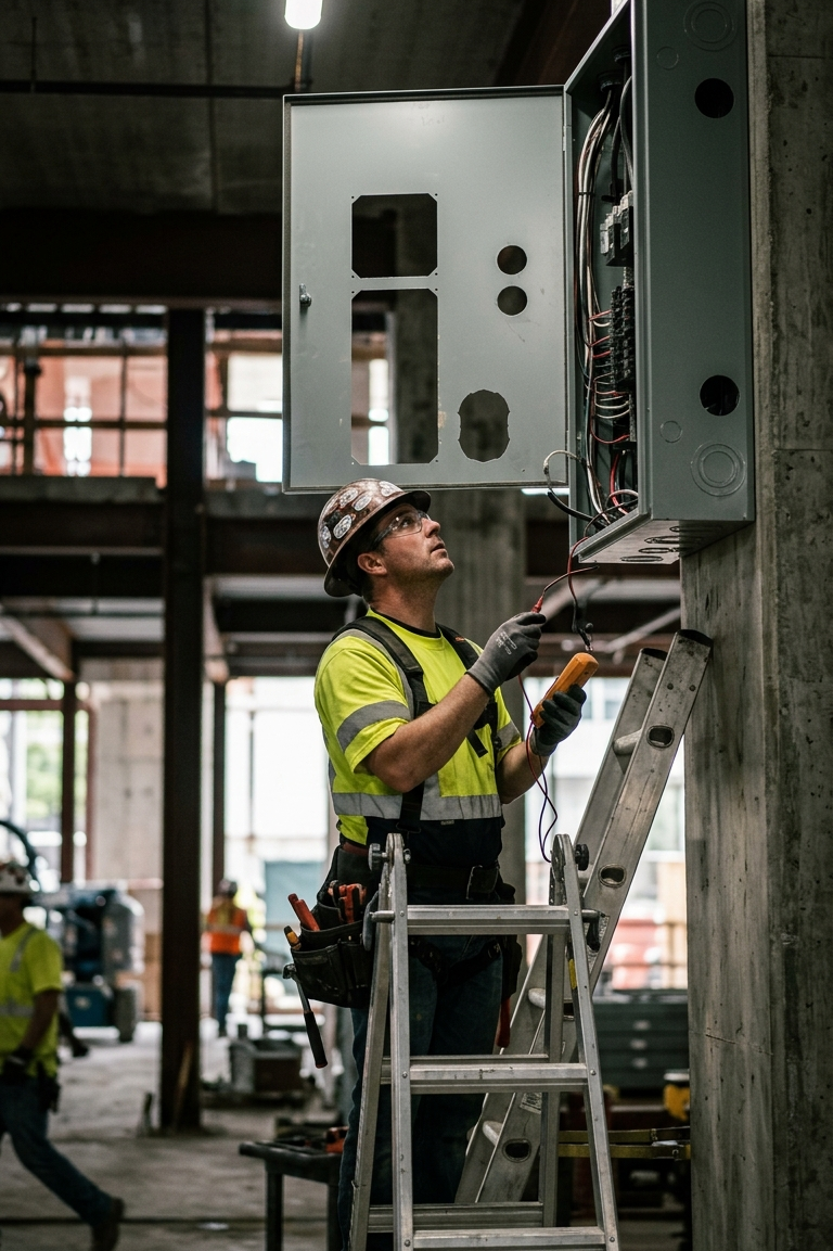 Electrician on ladder inspecting overhead electrical panel(open holes electrical panels)