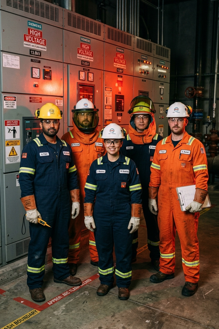 Group of electrician in arc-rated PPE (dark side of electricity)