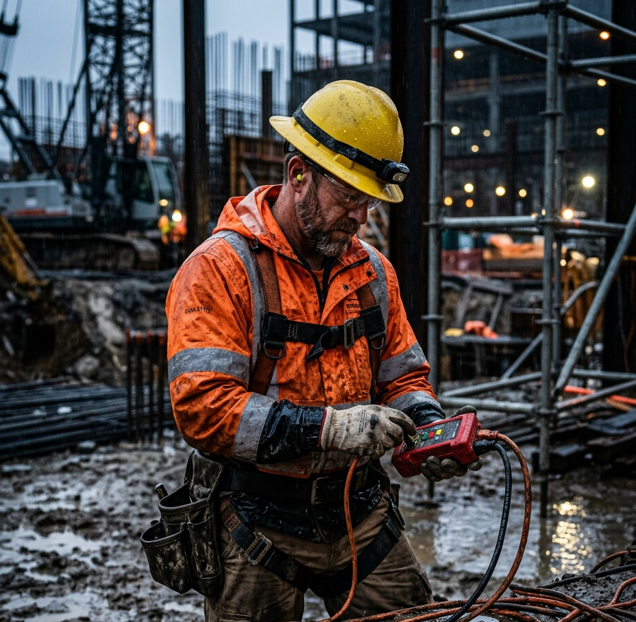 Industrial electrician in rain-soaked construction site (GFCI)