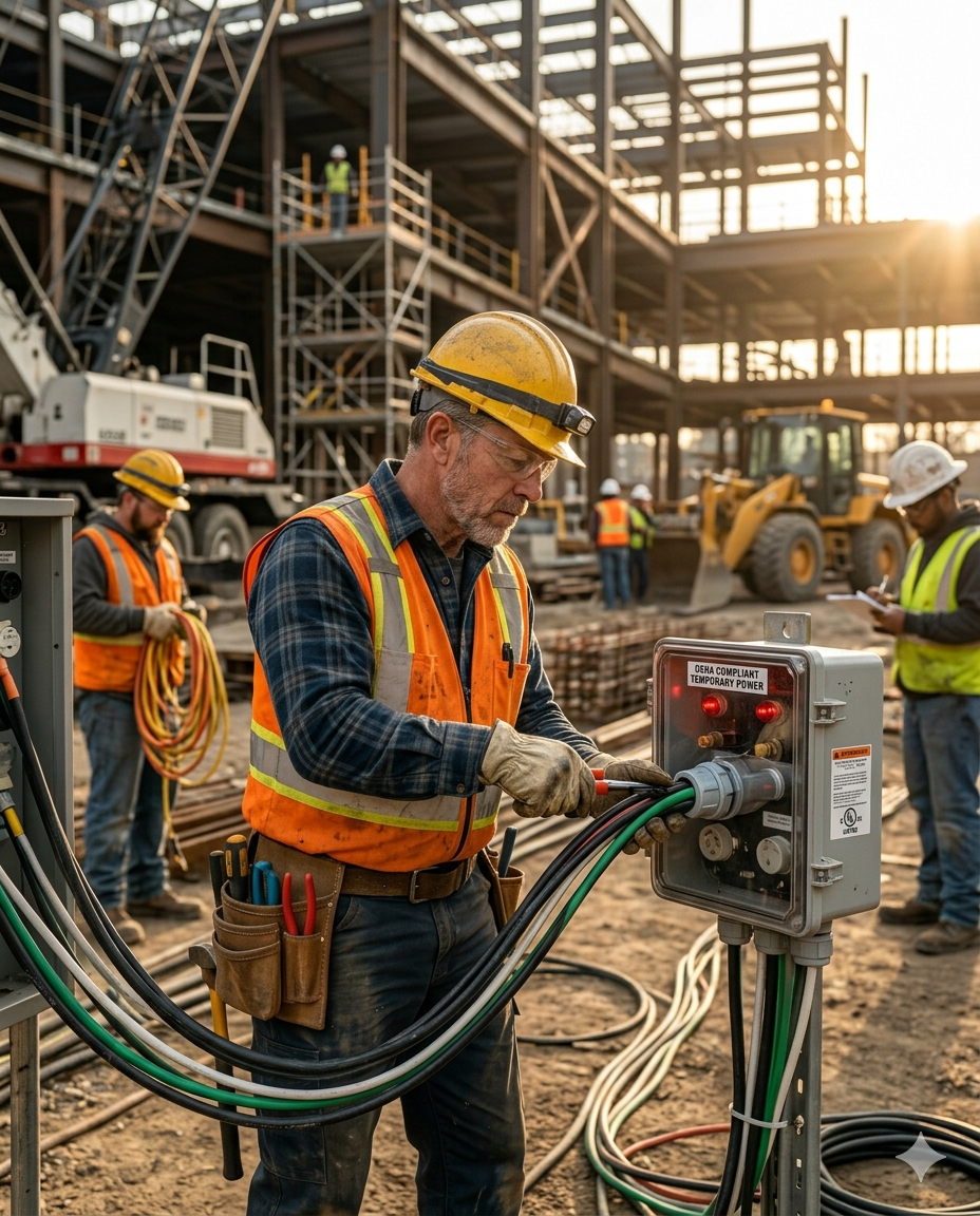 Industrial worker safely organizing temporary power setup (listing and labeling)