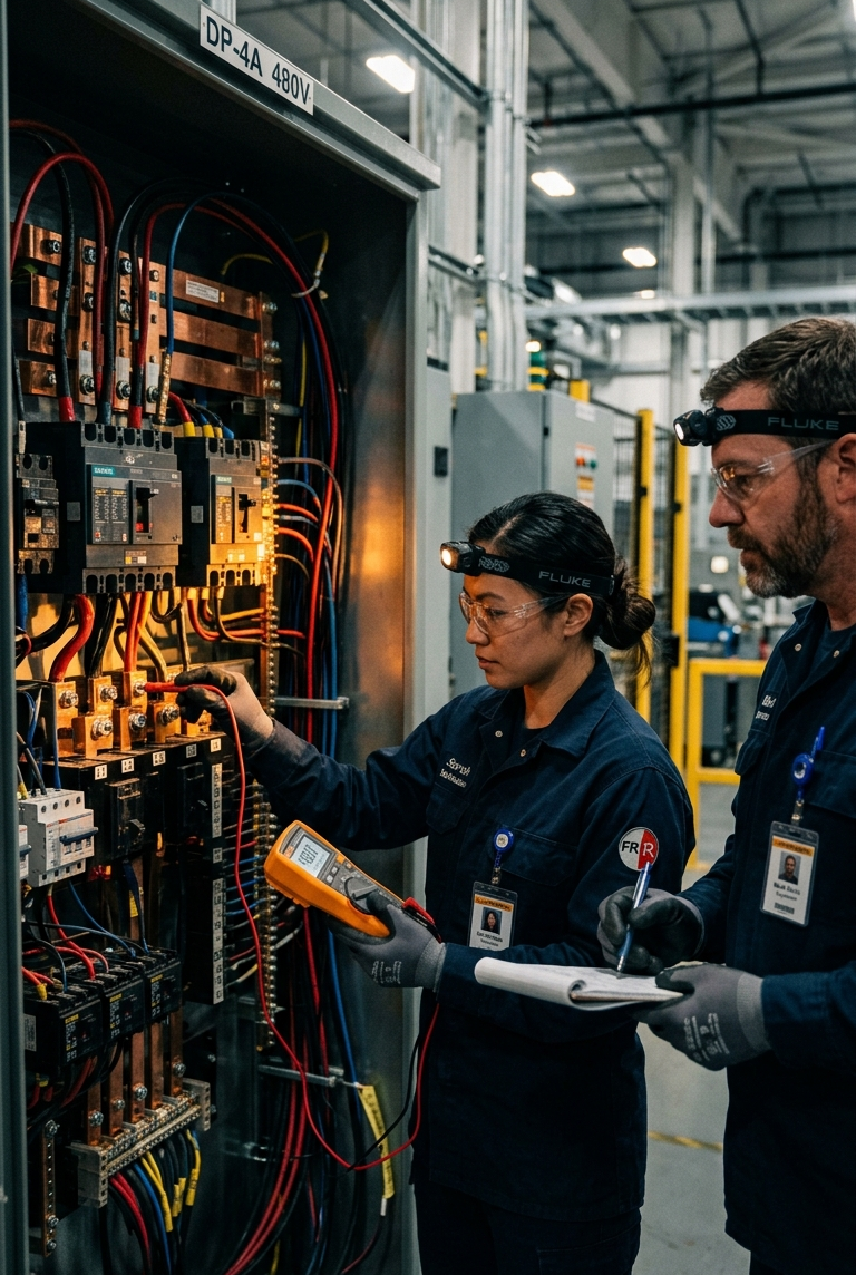 Maintenance technician with companion inspecting electrical panel (dark side of electricity)