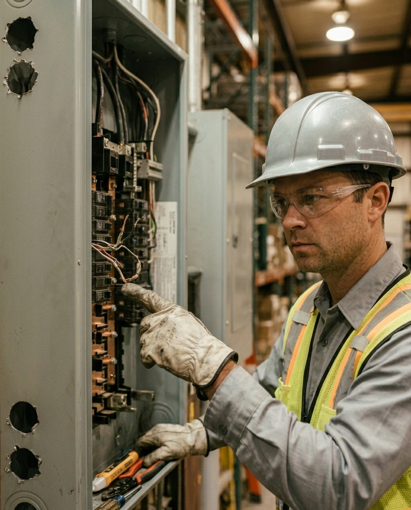 Maintenance worker identifying unsafe electrical enclosure(open holes electrical panels)