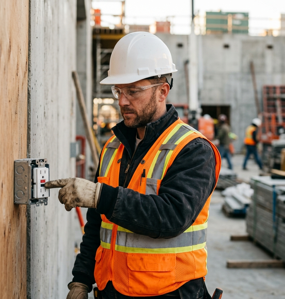 Professional construction electrician testing a GFCI outlet (GFCI electrical safety)