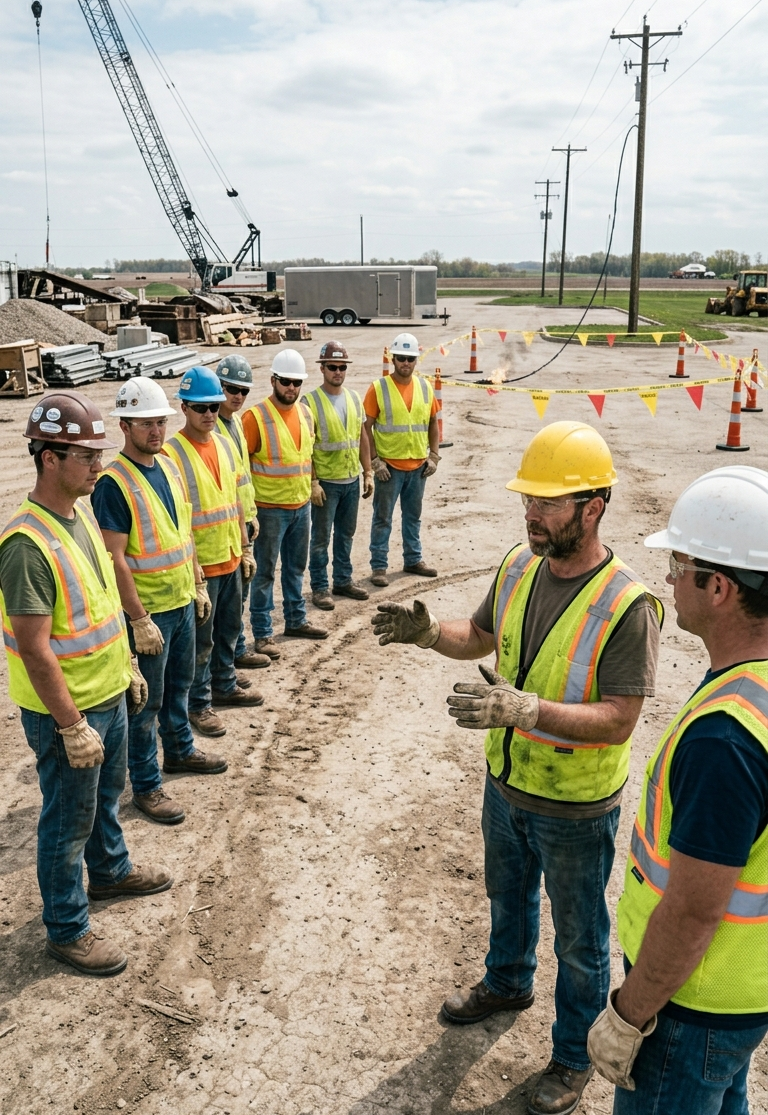 Supervisor instructing the crews on safe distance (electrical emergency response)