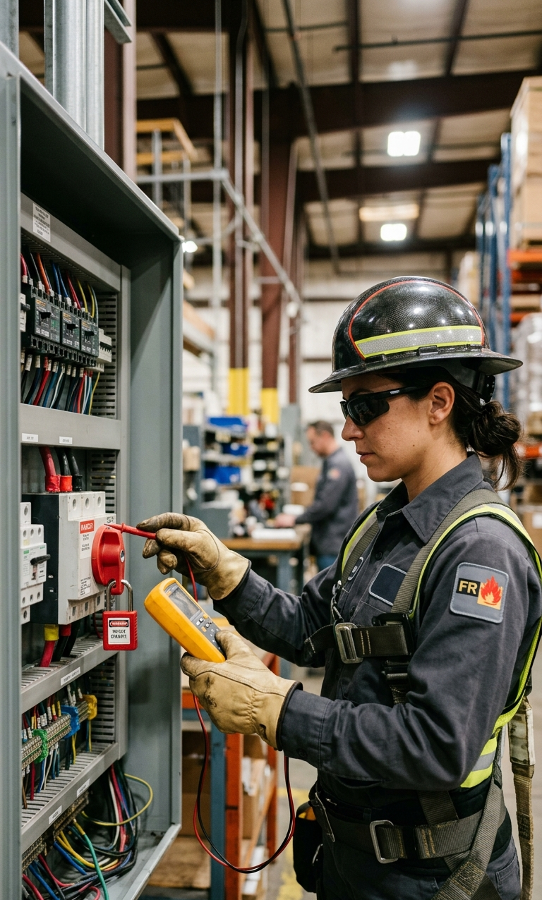Technician Verifying Disconnect Switch - Lockout Tagout and Breaker Identification Guide