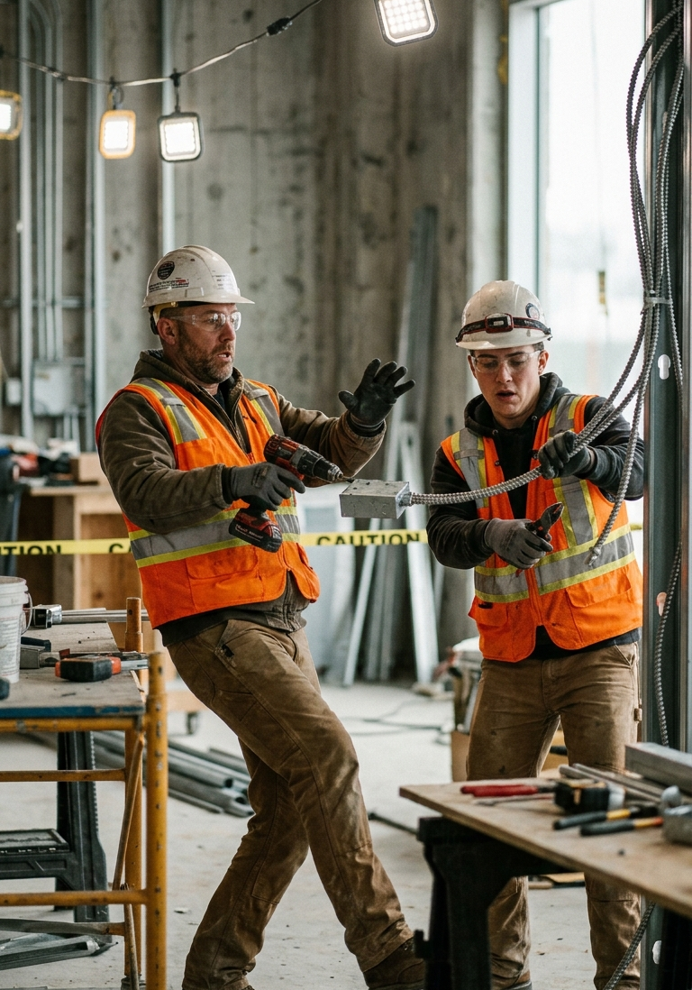 Two workers recoiling slightly from unseen electrical shock (dark side of electricity)