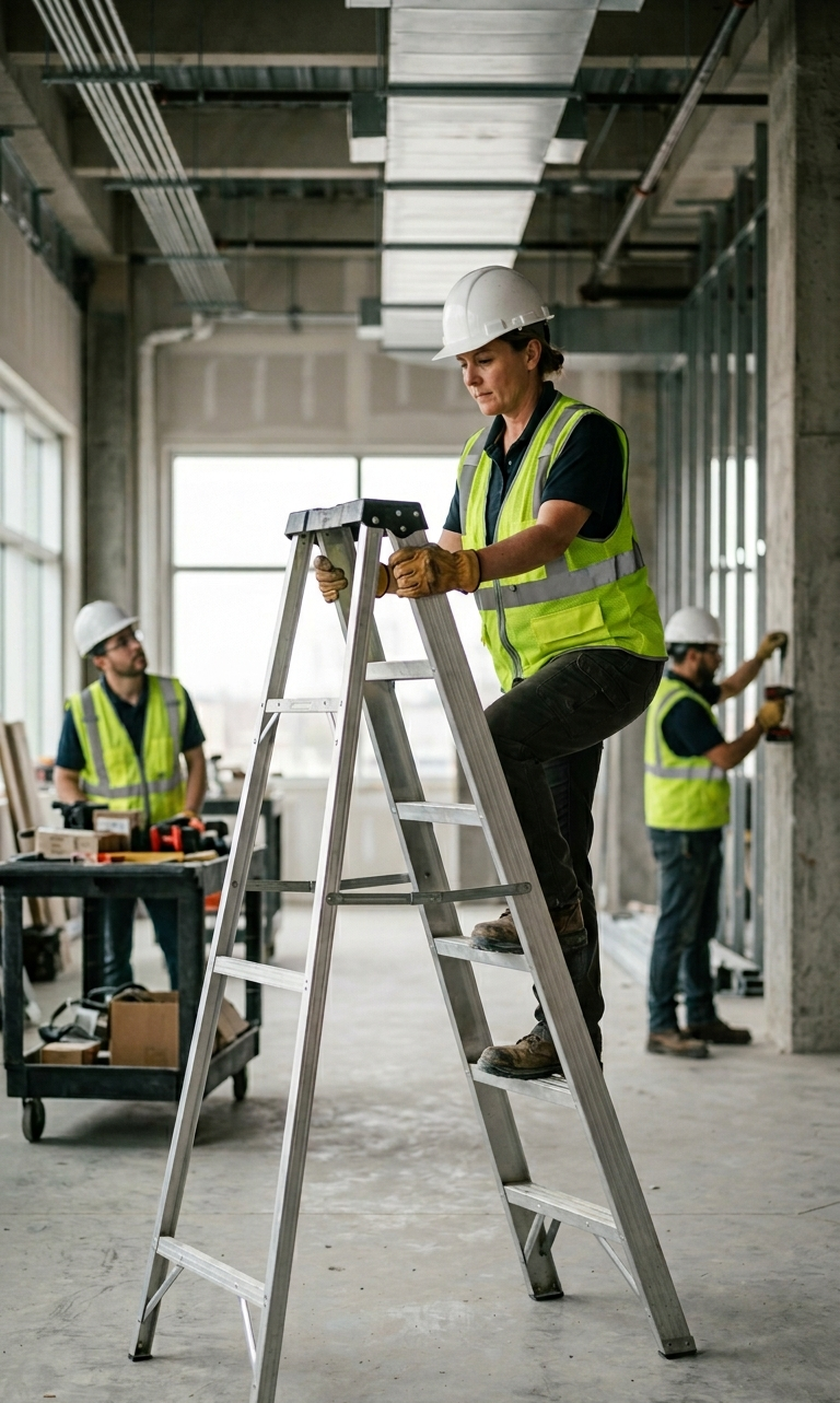 Worker Safely Climbing Portable Step Ladder