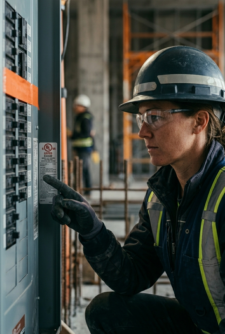 electrician inspecting UL-listed electrical equipment (listing labeling requirements)
