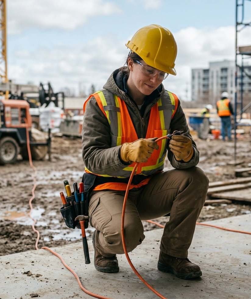 female electrician examining extension cord (extension cord safety)