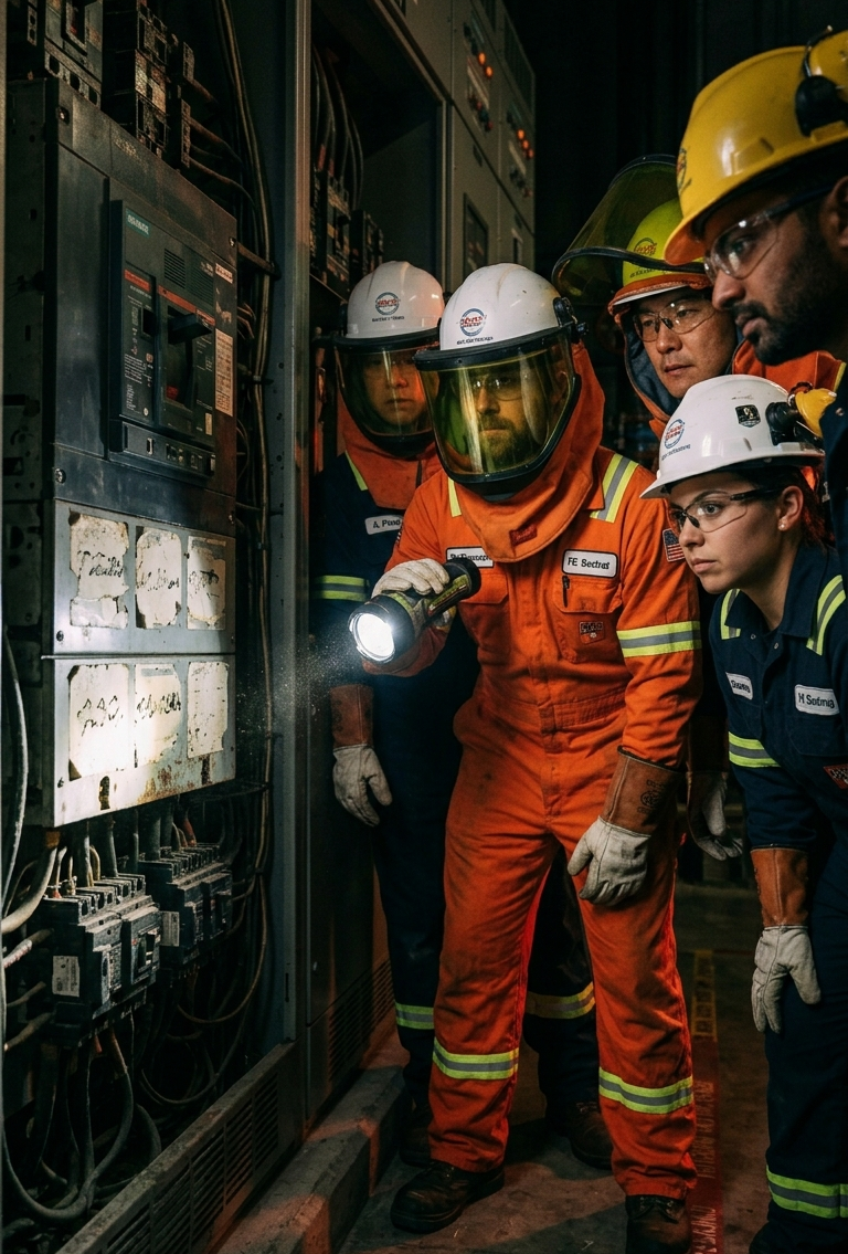 group of electrician using a flashlight to examine a circuit breaker - Lockout Tagout and Breaker Identification Guide