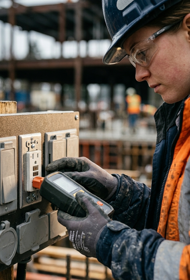 worker inspecting GFCI receptacle near temporary power station (GFCI electrical safety)