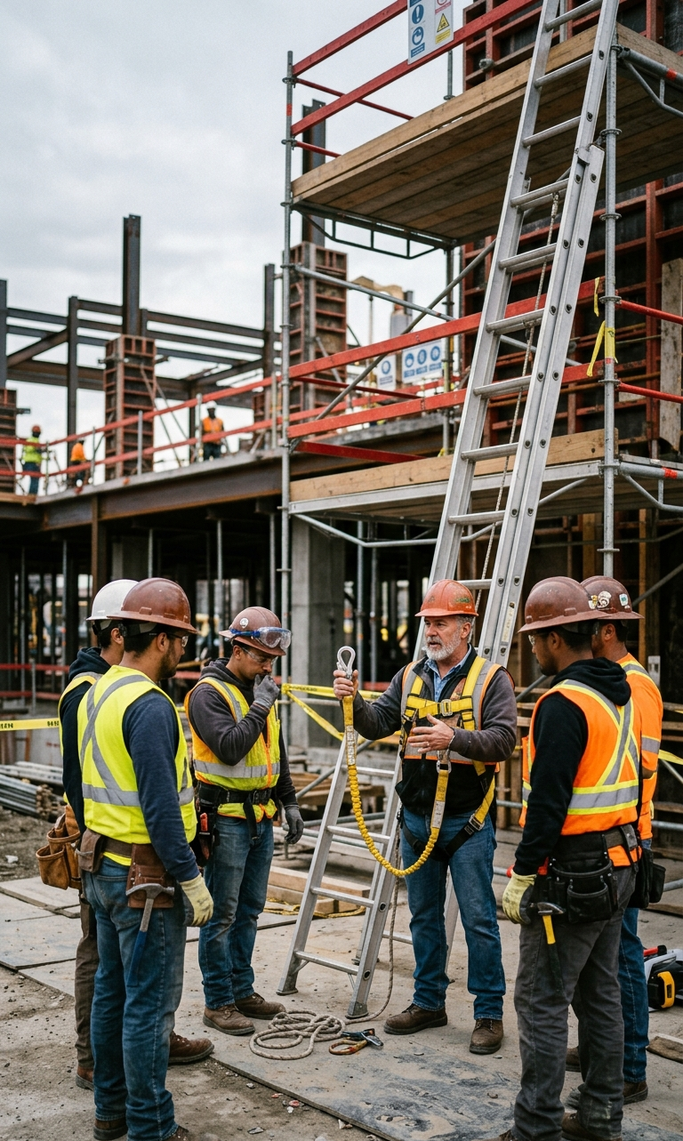 Construction crew attending a fall protection safety orientation near elevated work areas