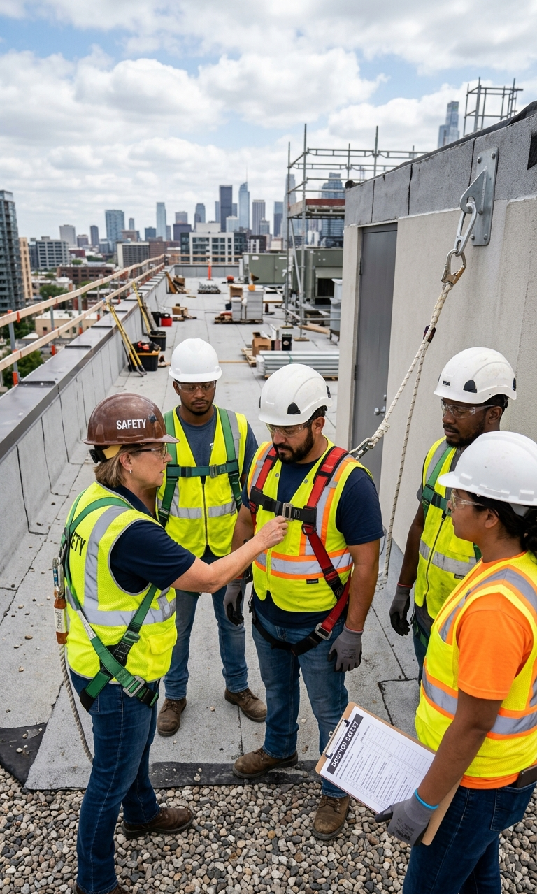 Industrial workers participating in a fall prevention toolbox talk before starting rooftop work