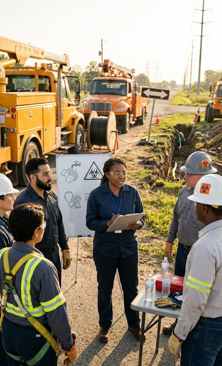 Outdoor utility workers participating in a morning safety briefing about biological hazards and disease prevention