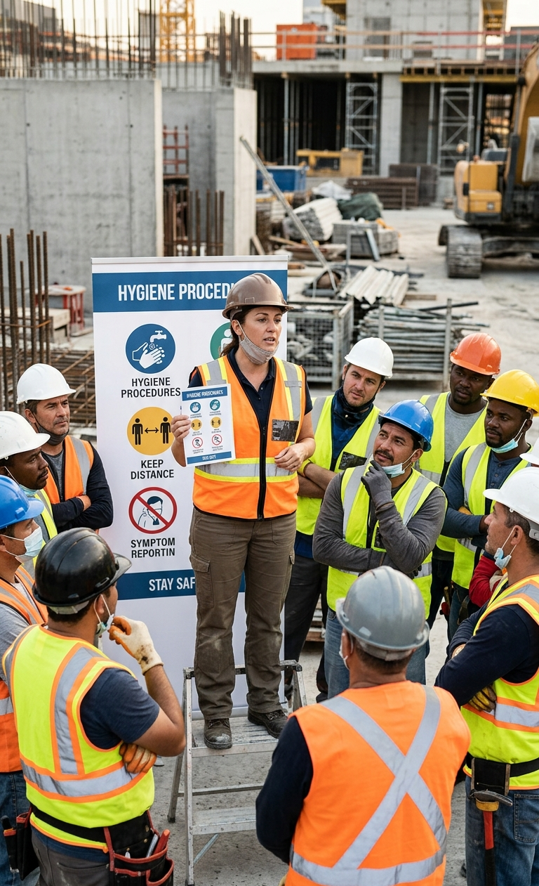 Professional construction workers participating in an infectious disease prevention toolbox talk