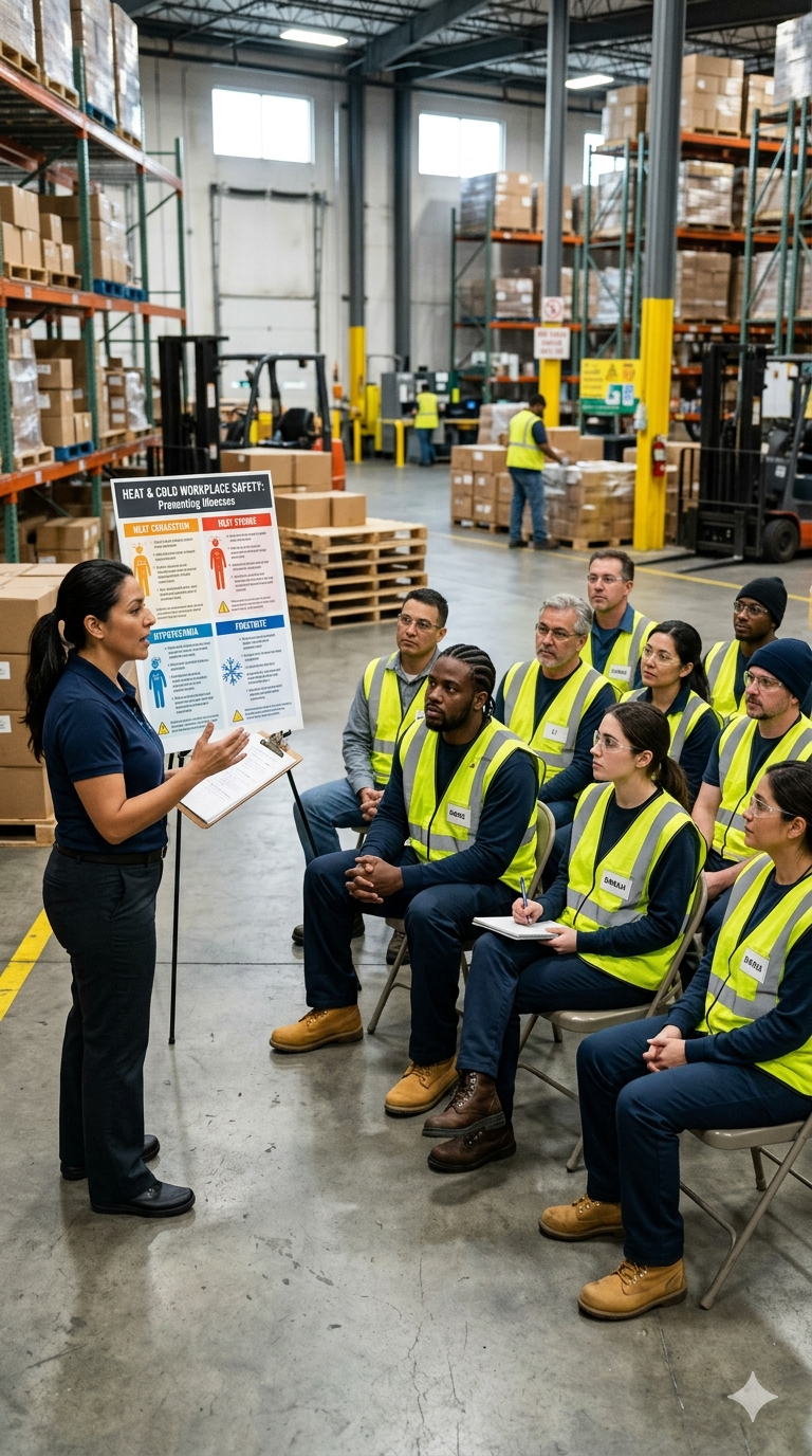 Warehouse employees attending a workplace safety meeting on preventing heat exhaustion and cold-related illnesses