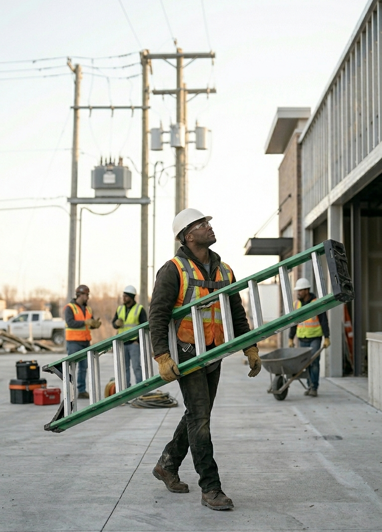 Worker Maintaining Distance From Overhead Lines