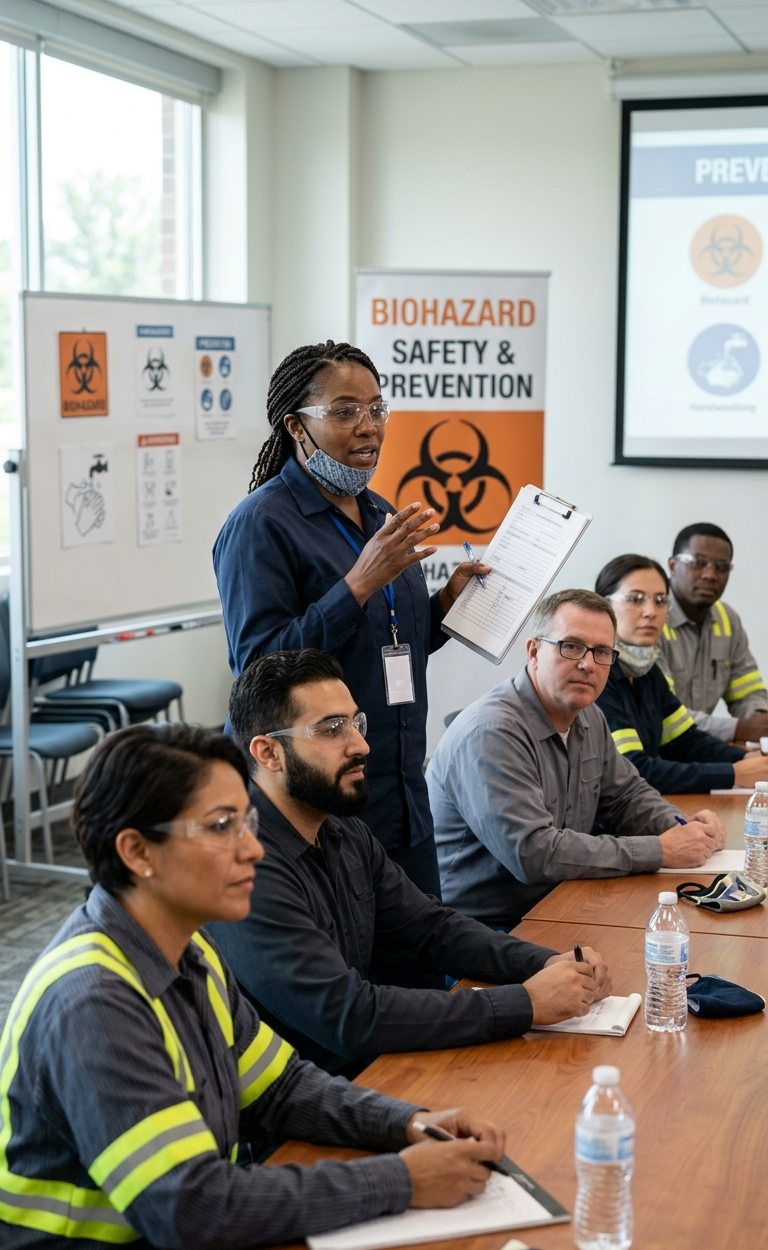 Professional construction workers participating in an infectious disease prevention toolbox talk