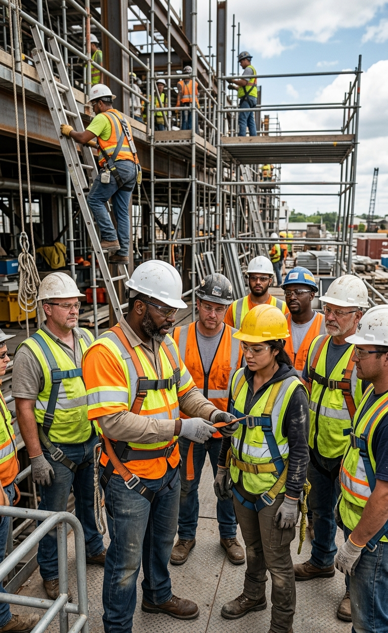 construction site safety meeting focused on fall protection and fall prevention