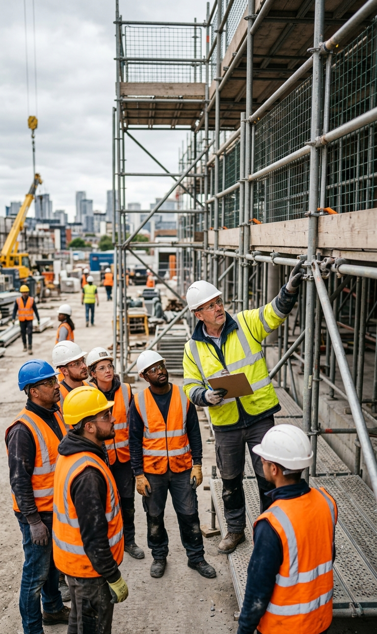 construction workers and safety supervisor conducting a scaffold safety training briefing on an active construction site