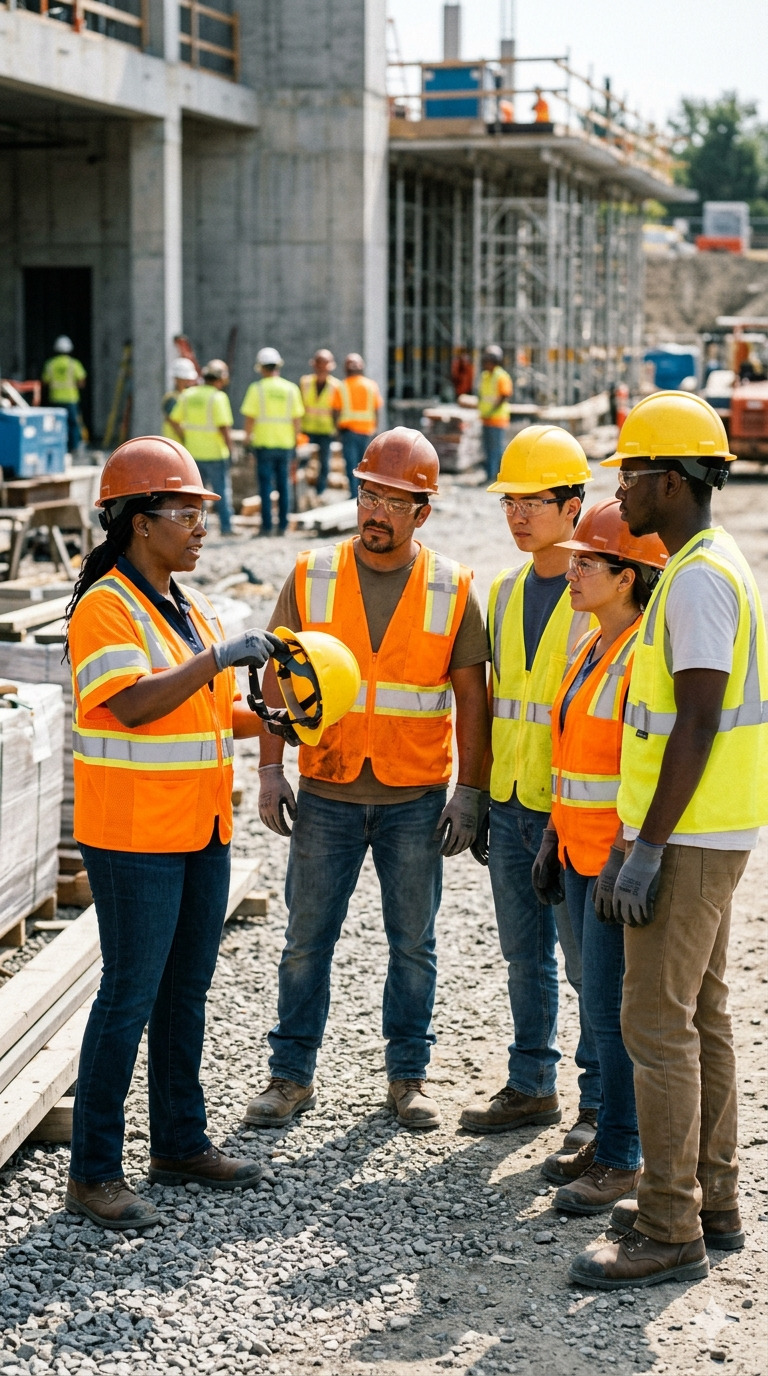 construction workers attending a personal protective equipment (PPE) toolbox talk