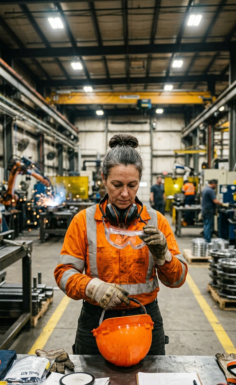 experienced industrial worker carefully inspecting personal protective equipment
