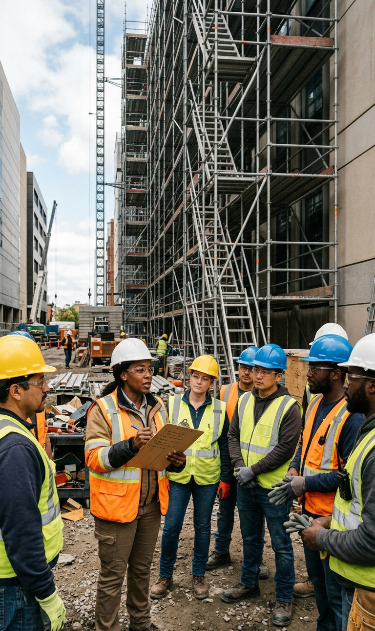 inspector and construction workers closely examining scaffolding components