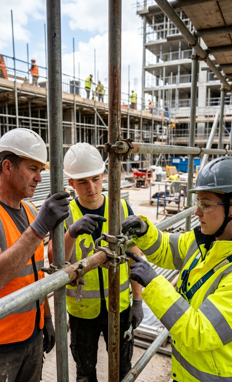 safety inspector and construction workers closely examining scaffolding components such as clamps, couplers, and guardrails