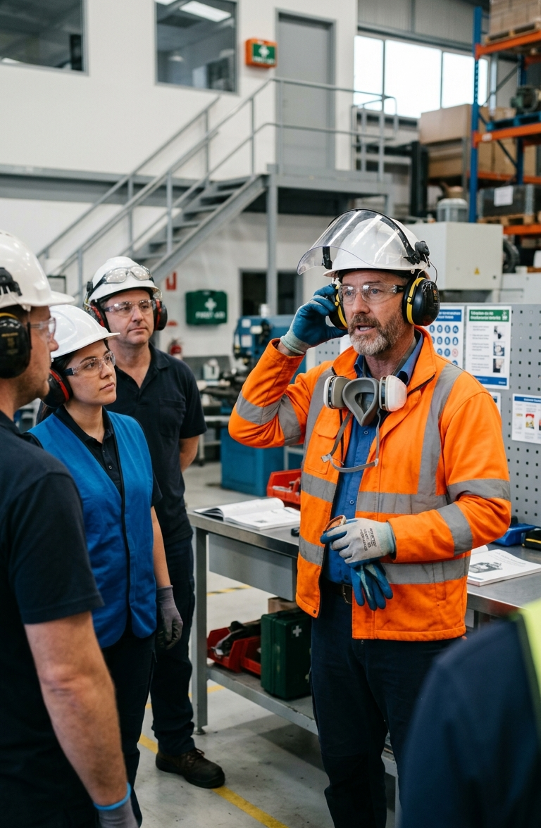 safety instructor demonstrating the correct way to wear personal protective equipment