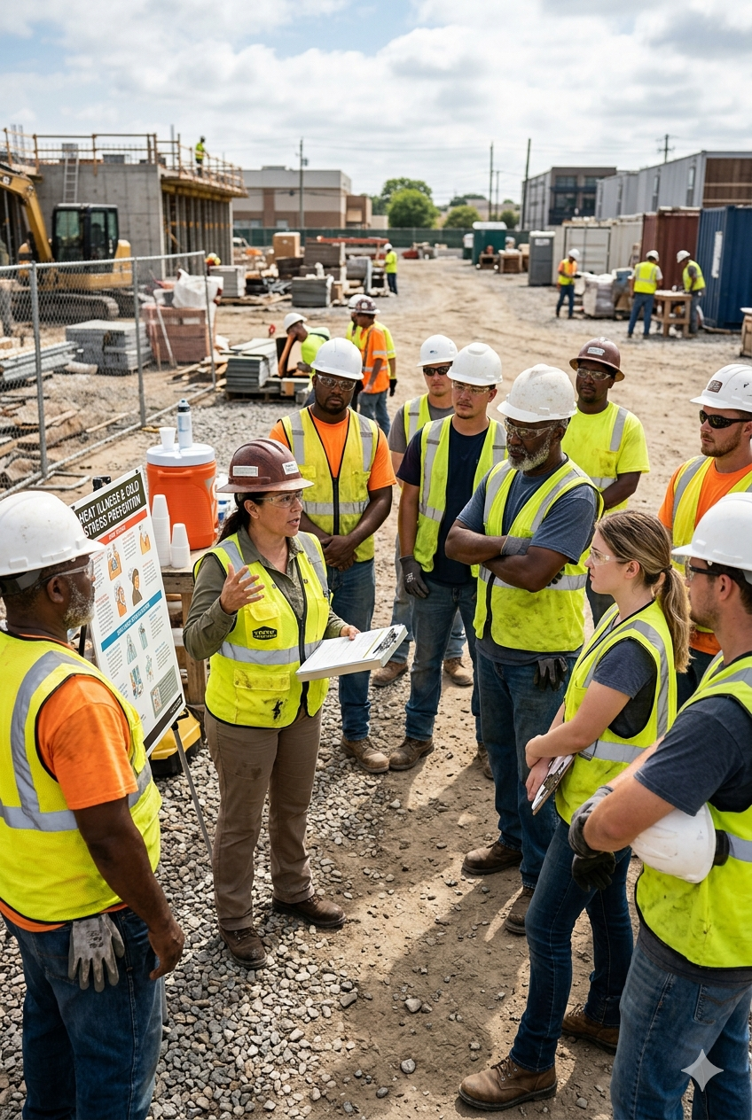 workers attending a toolbox talk before starting work, safety supervisor leading the discussion