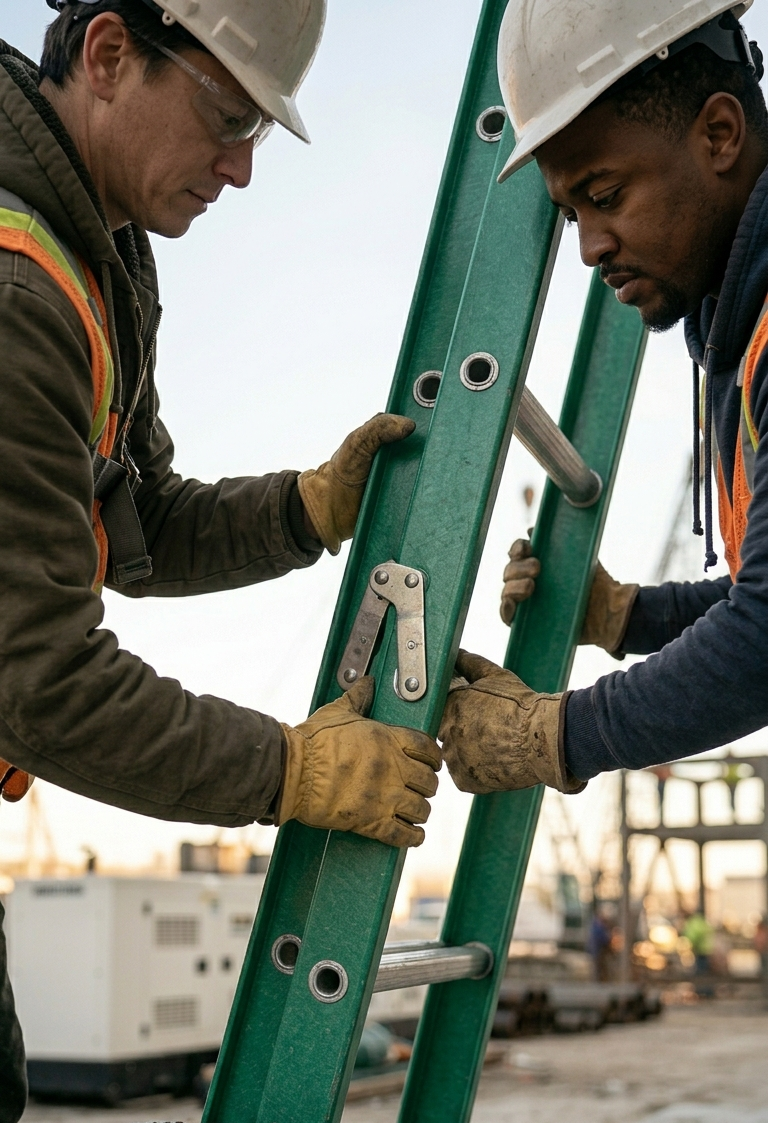 workers carefully unfolding a step ladder