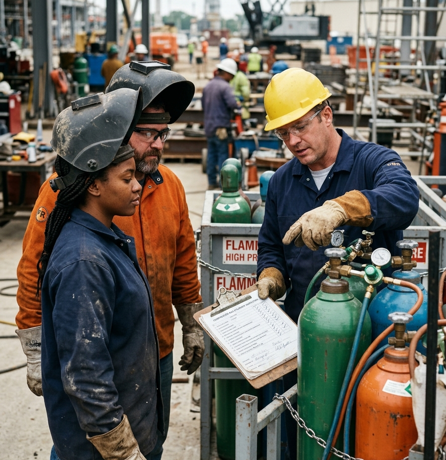 workers wearing welding PPE discussing compressed gas cylinder safety