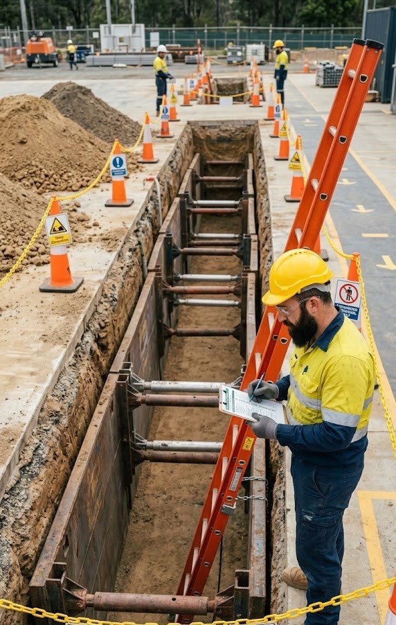 Worker Inspecting a Safe Excavation Trench