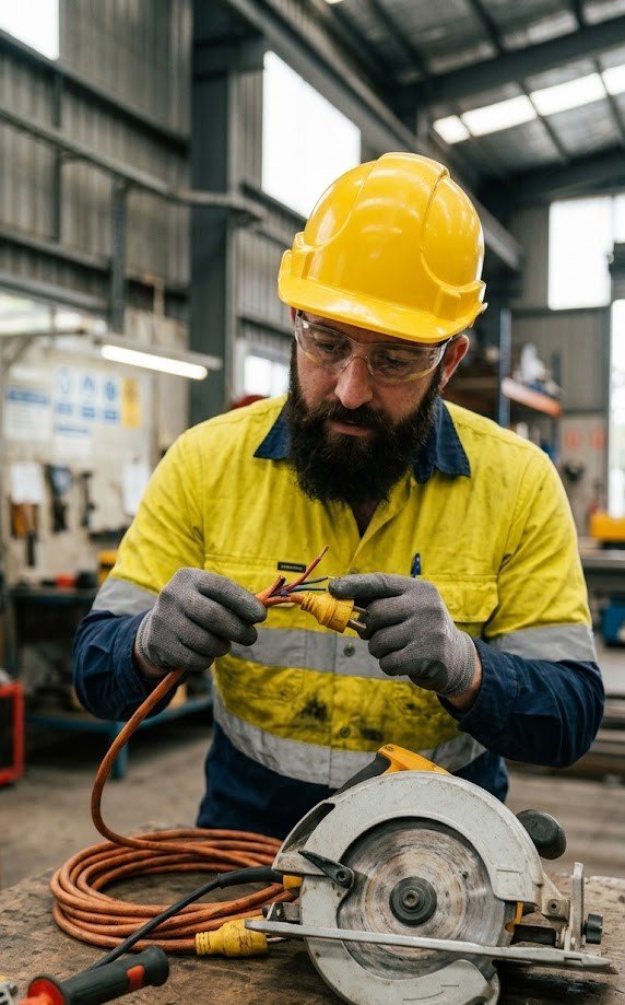 electrician inspecting the power cord and plug of a portable electric tool before beginning maintenance work