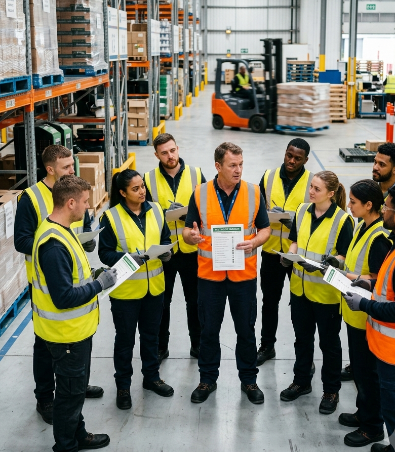 warehouse safety meeting with warehouse associates