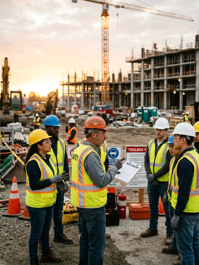 workplace safety toolbox talk taking place at an active commercial construction site
